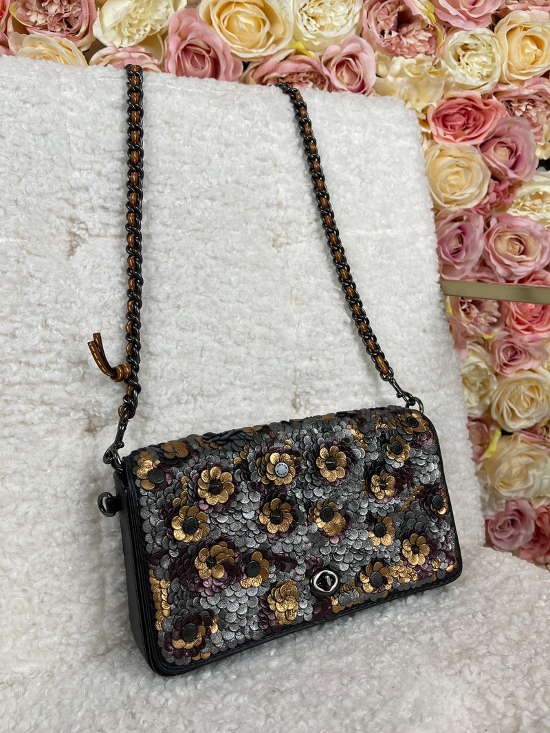 Coach Dinky Leather Bag with Flowers Black