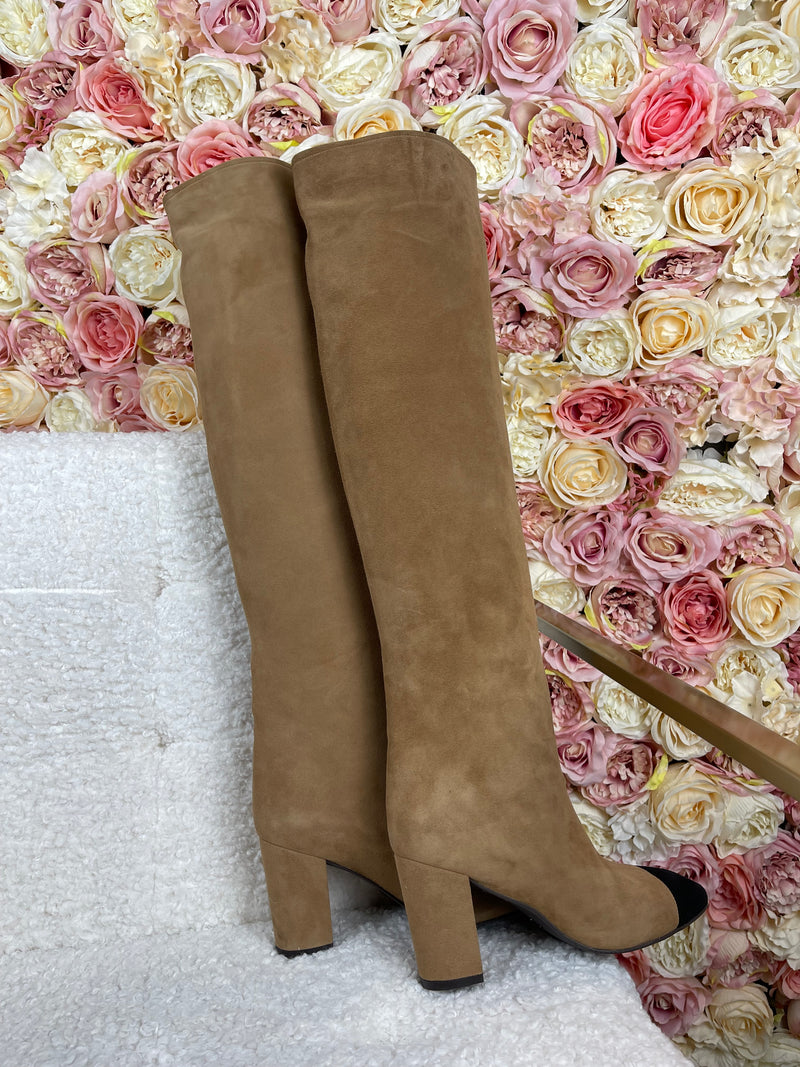 Stuart Weitzman Suede Boots Beige Black Sz. 37.5 EU
