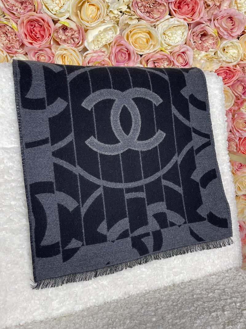 Chanel Wool Silk Scarf Black Grey