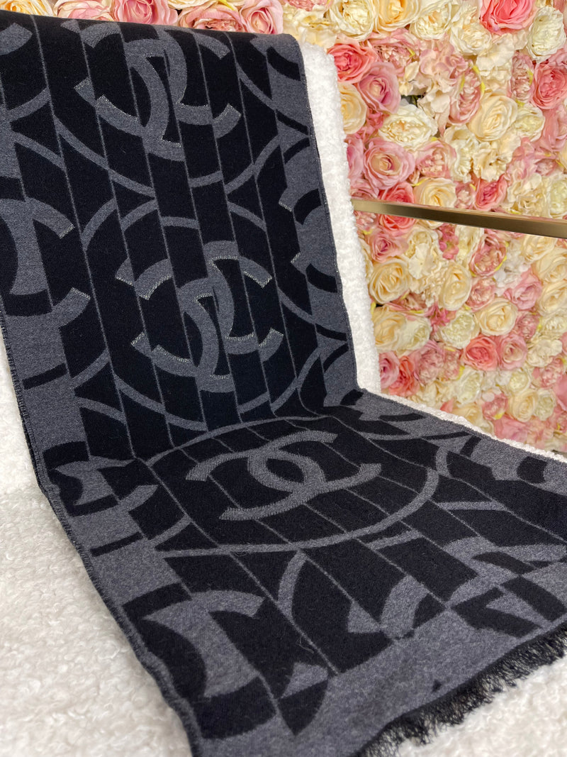 Chanel Wool Silk Scarf Black Grey