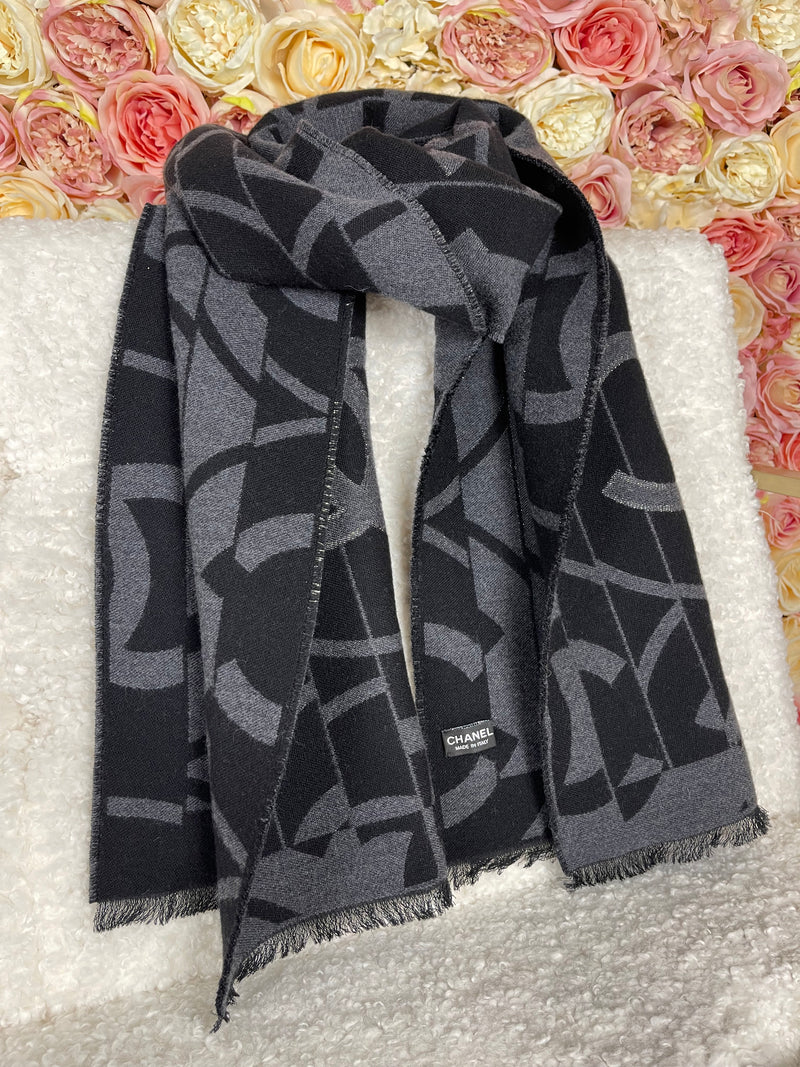 Chanel Wool Silk Scarf Black Grey