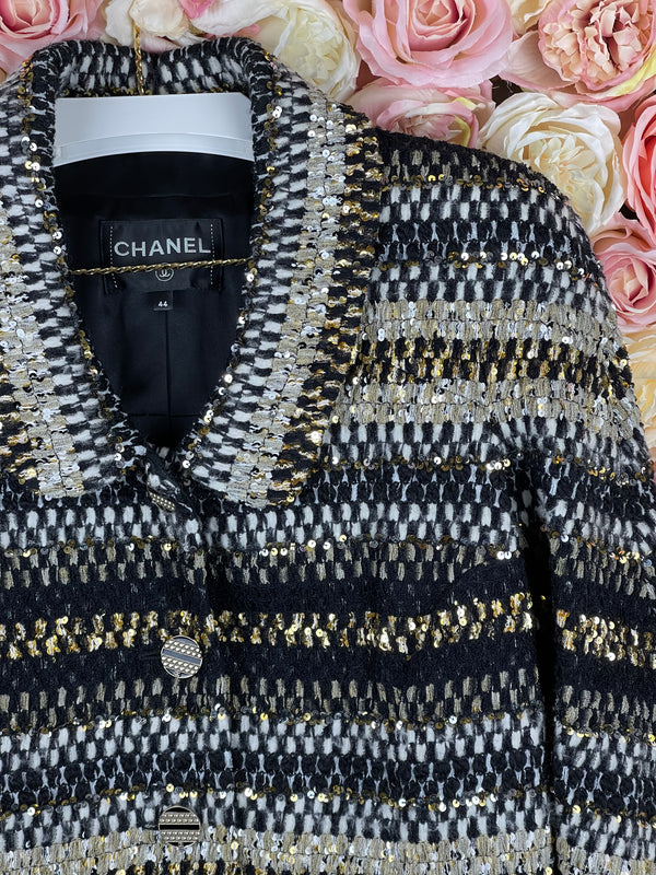 Chanel 2019 Paris-Egypt Look 21 Sequin Tweed Jacket Gold Black Sz. 42 DE