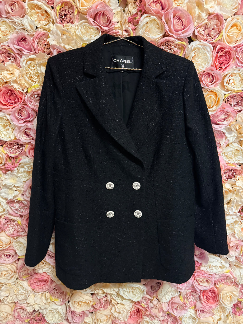Chanel Classic Little Black Jacket with white buttons