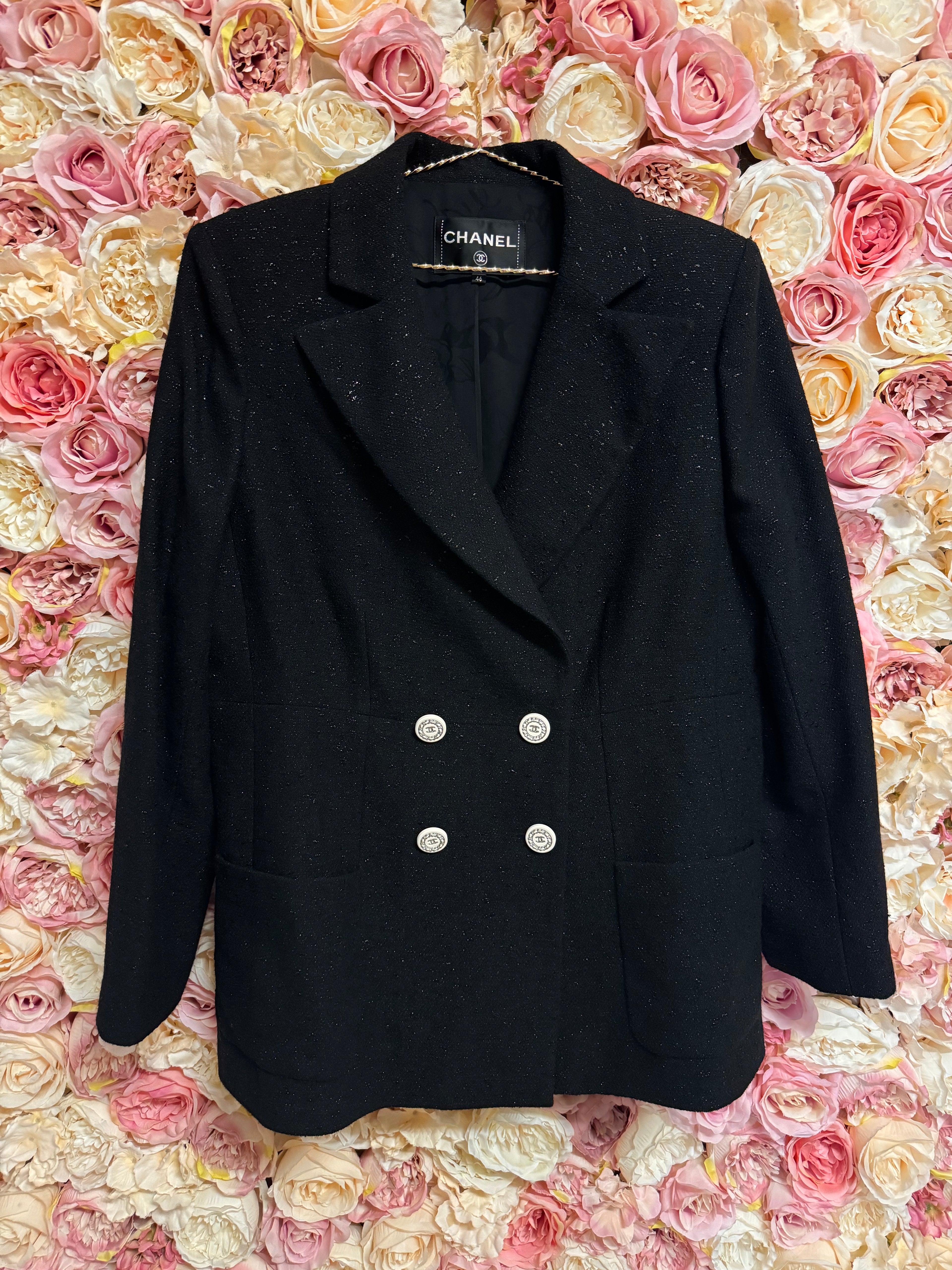 Chanel Classic Little Black Jacket with white buttons