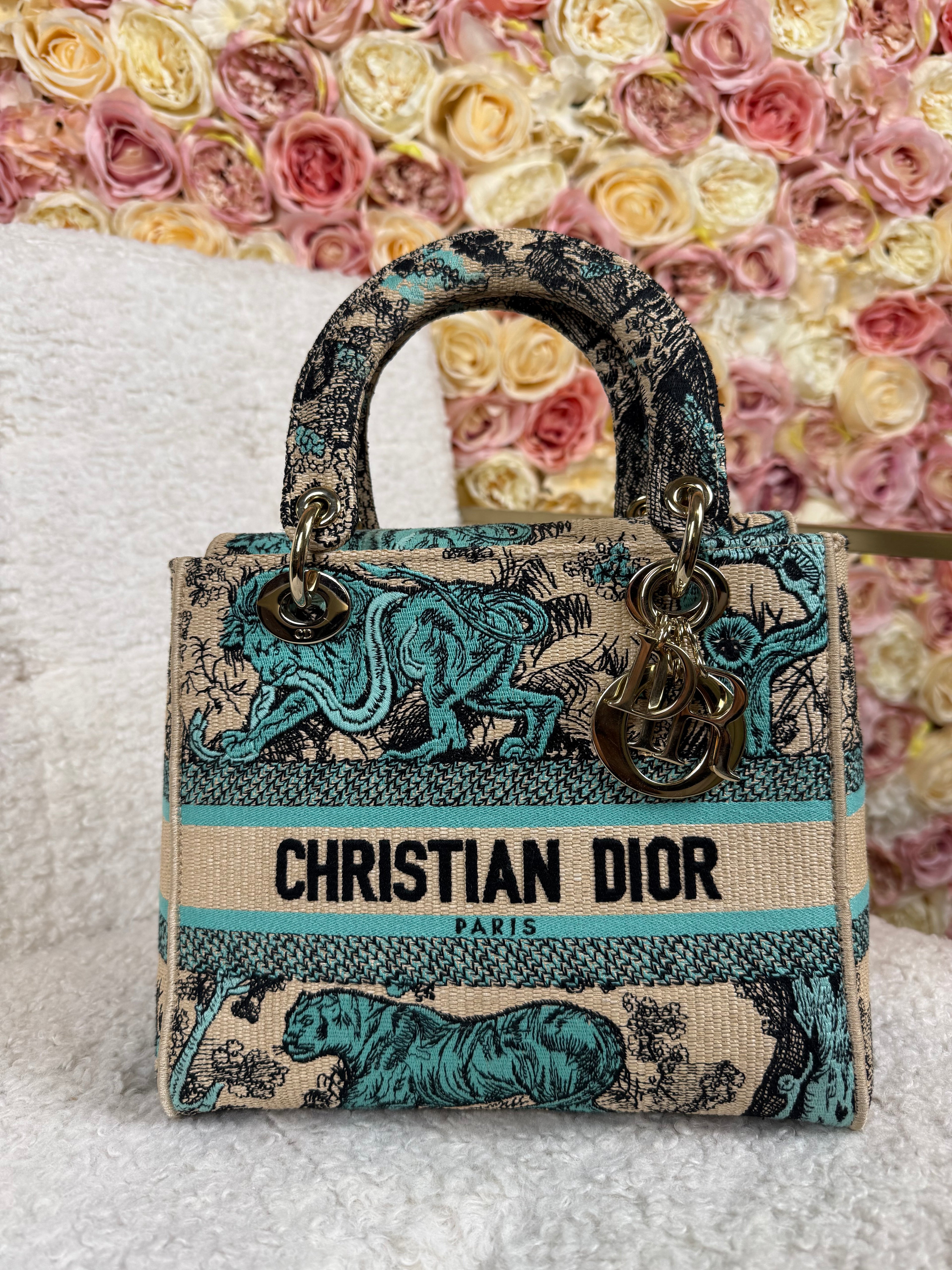 Christian Dior Medium Lady Dior Toile de Jouy Beige Turquoise