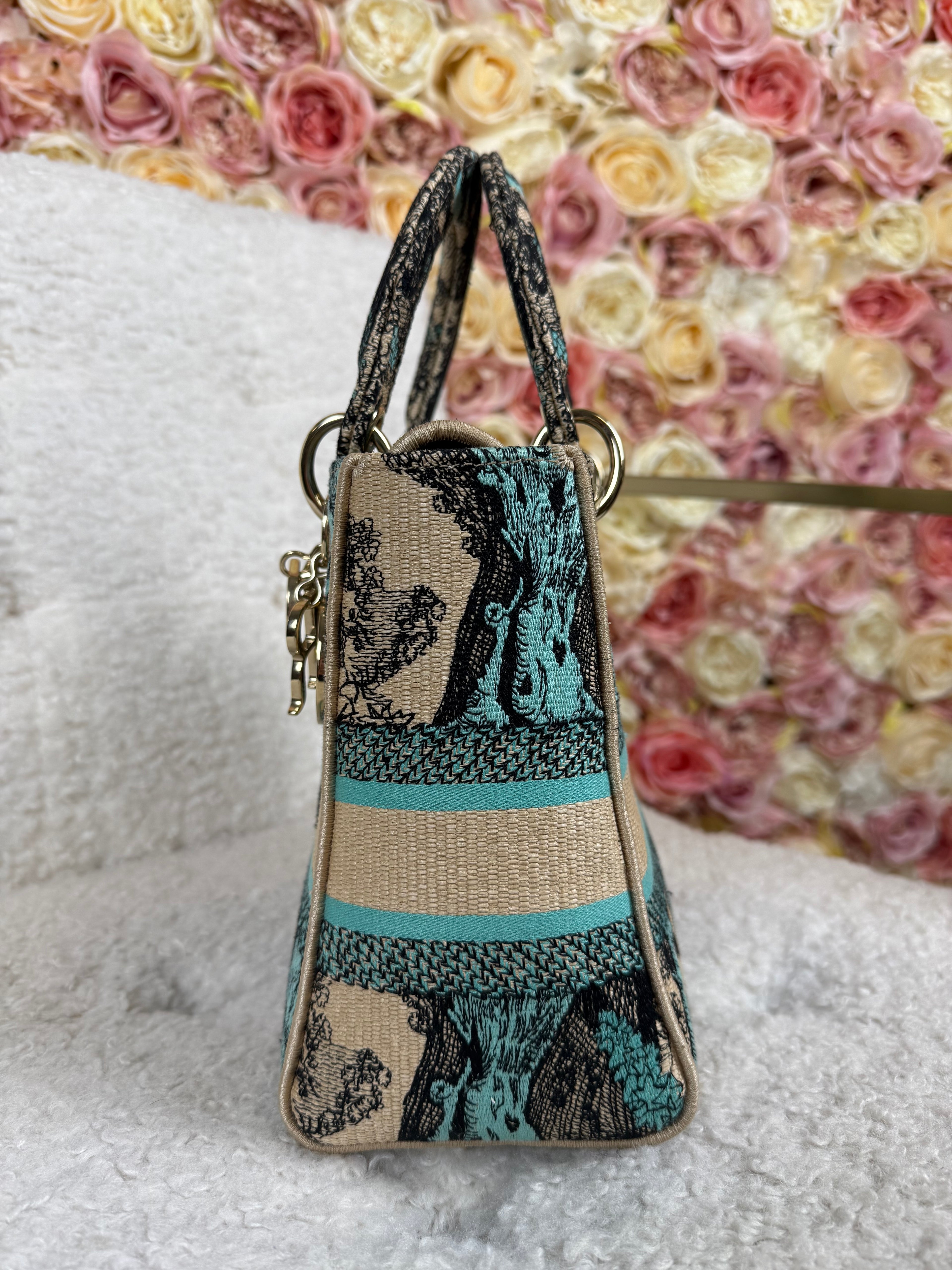 Christian Dior Medium Lady Dior Toile de Jouy Beige Turquoise