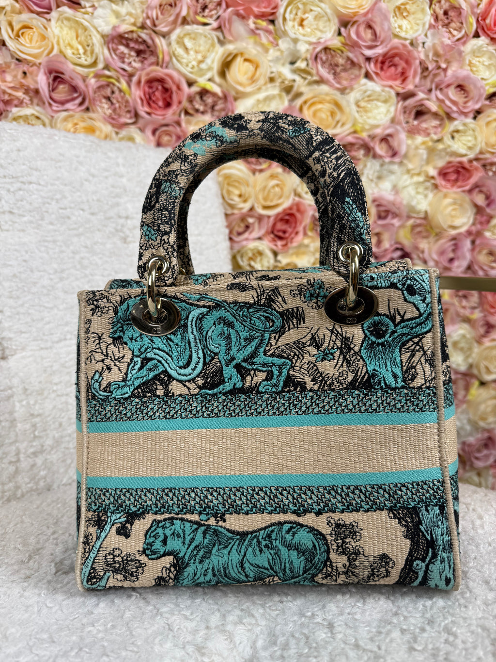 Christian Dior Medium Lady Dior Toile de Jouy Beige Turquoise