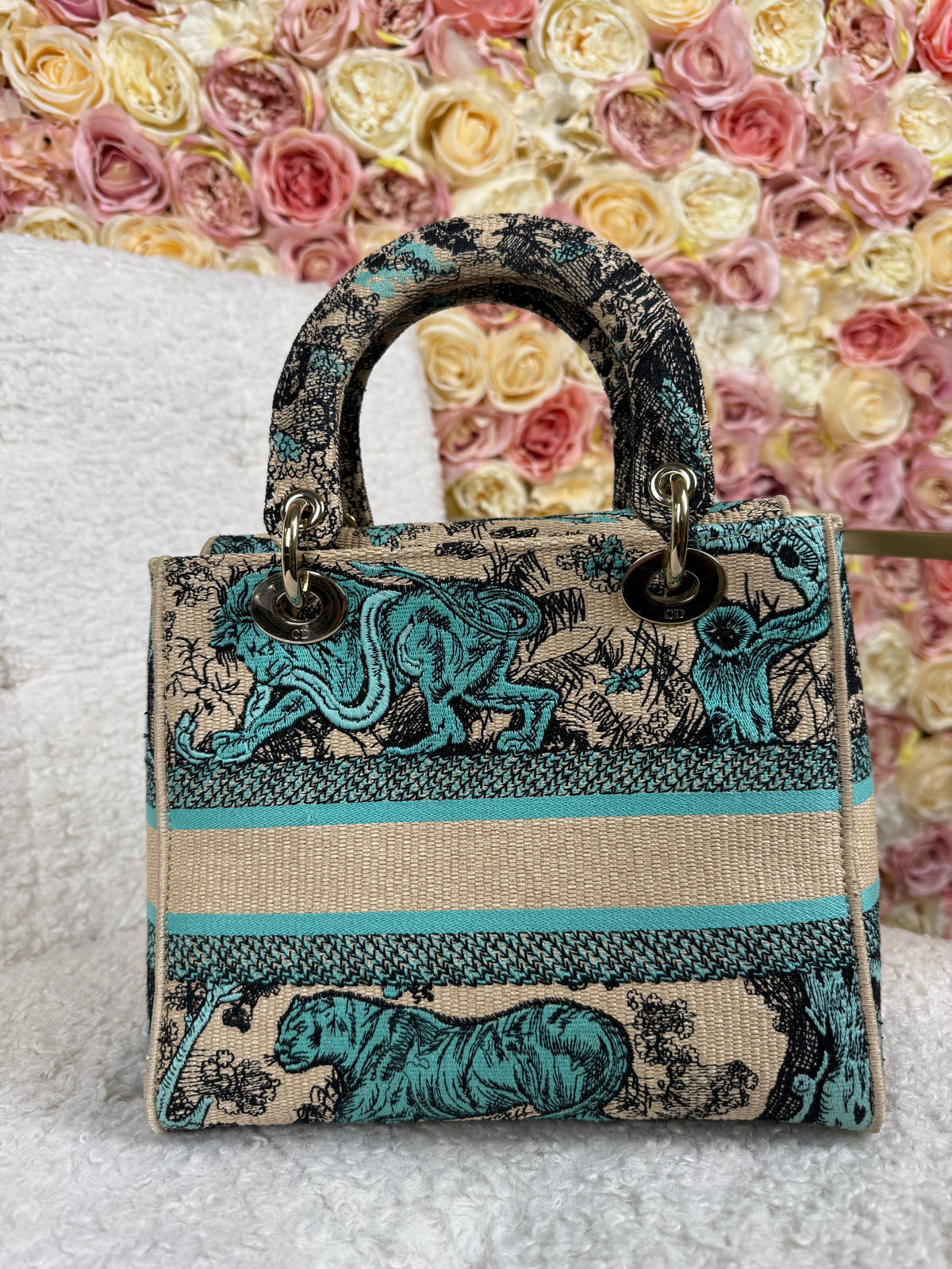 Christian Dior Medium Lady Dior Toile de Jouy Beige Turquoise