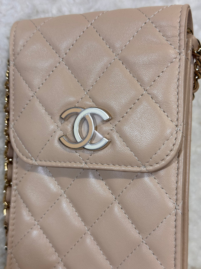 Chanel Lambskin Phone Holder with Chain Beige