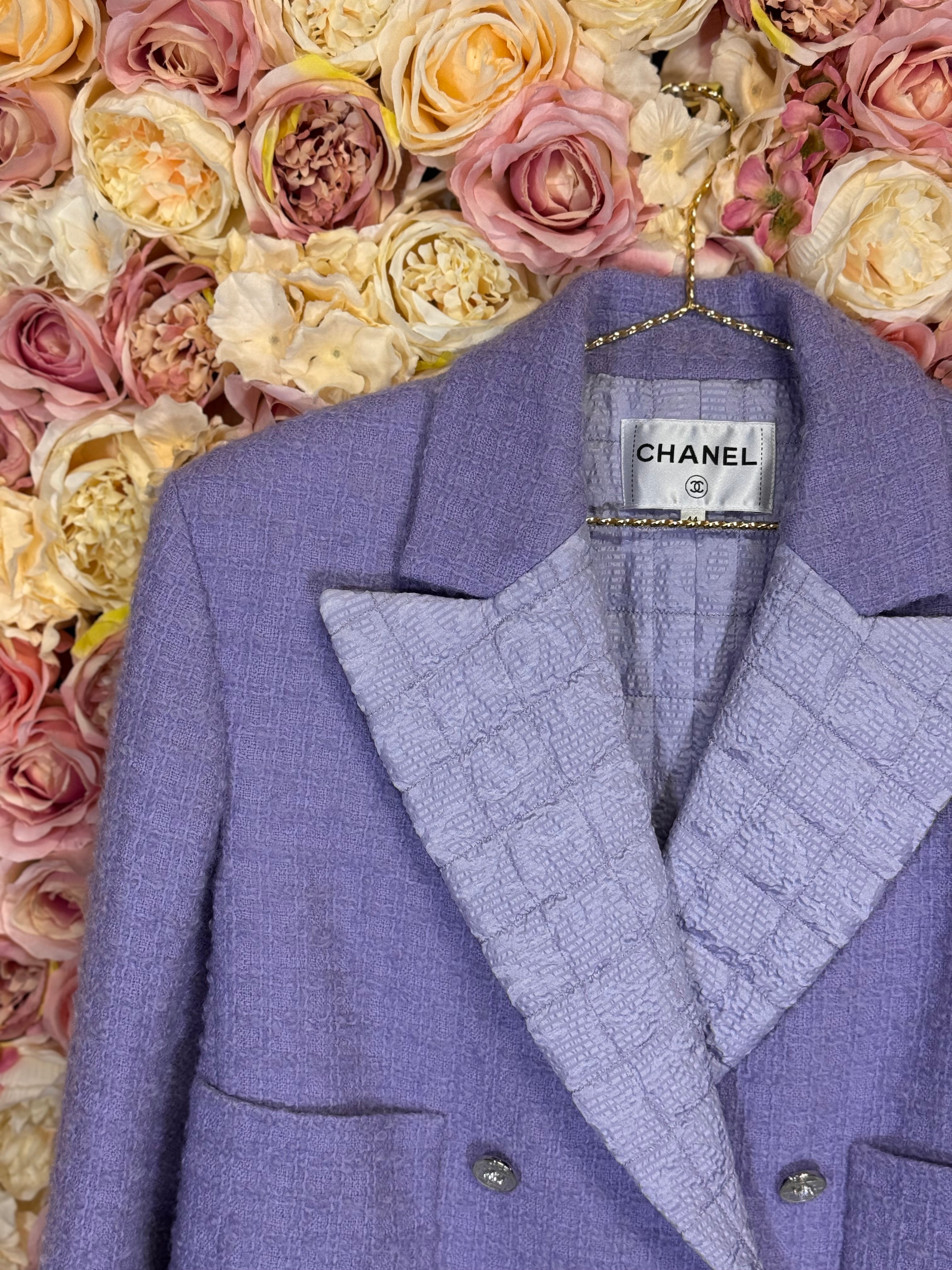 Chanel Tweed Jacket FW21 with Gold Buttons Lavender