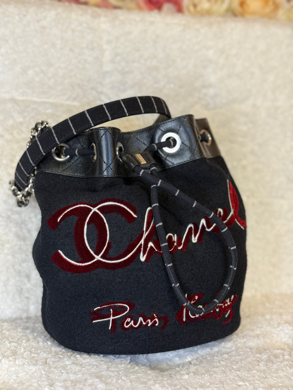 Chanel Embroidered Wool Bucket Bag with Calfskin Leather Black