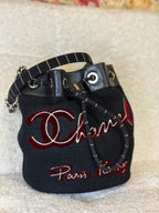 Chanel Embroidered Wool Bucket Bag with Calfskin Leather Black