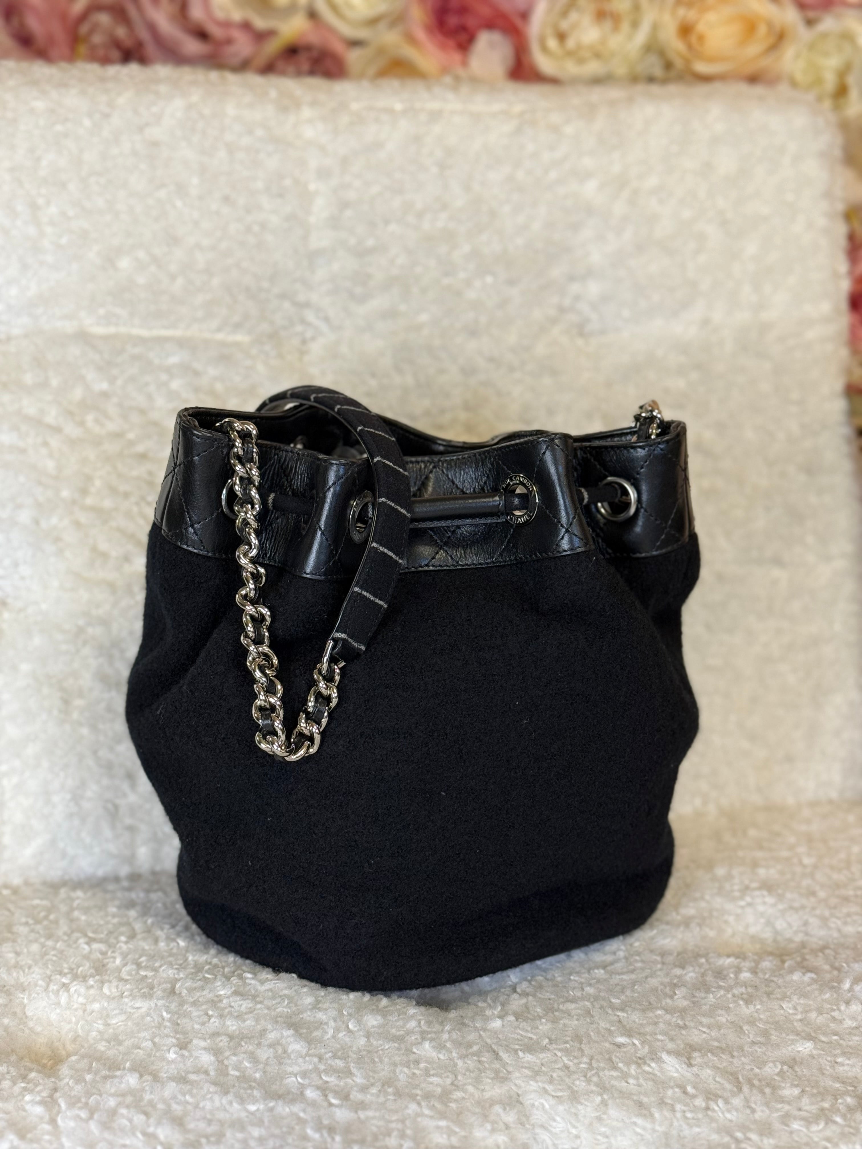 Chanel Embroidered Wool Bucket Bag with Calfskin Leather Black