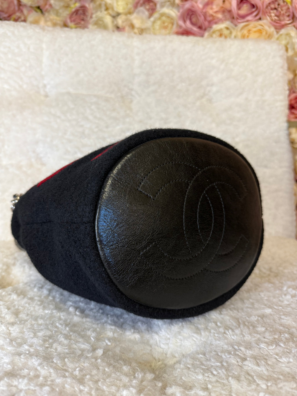 Chanel Embroidered Wool Bucket Bag with Calfskin Leather Black