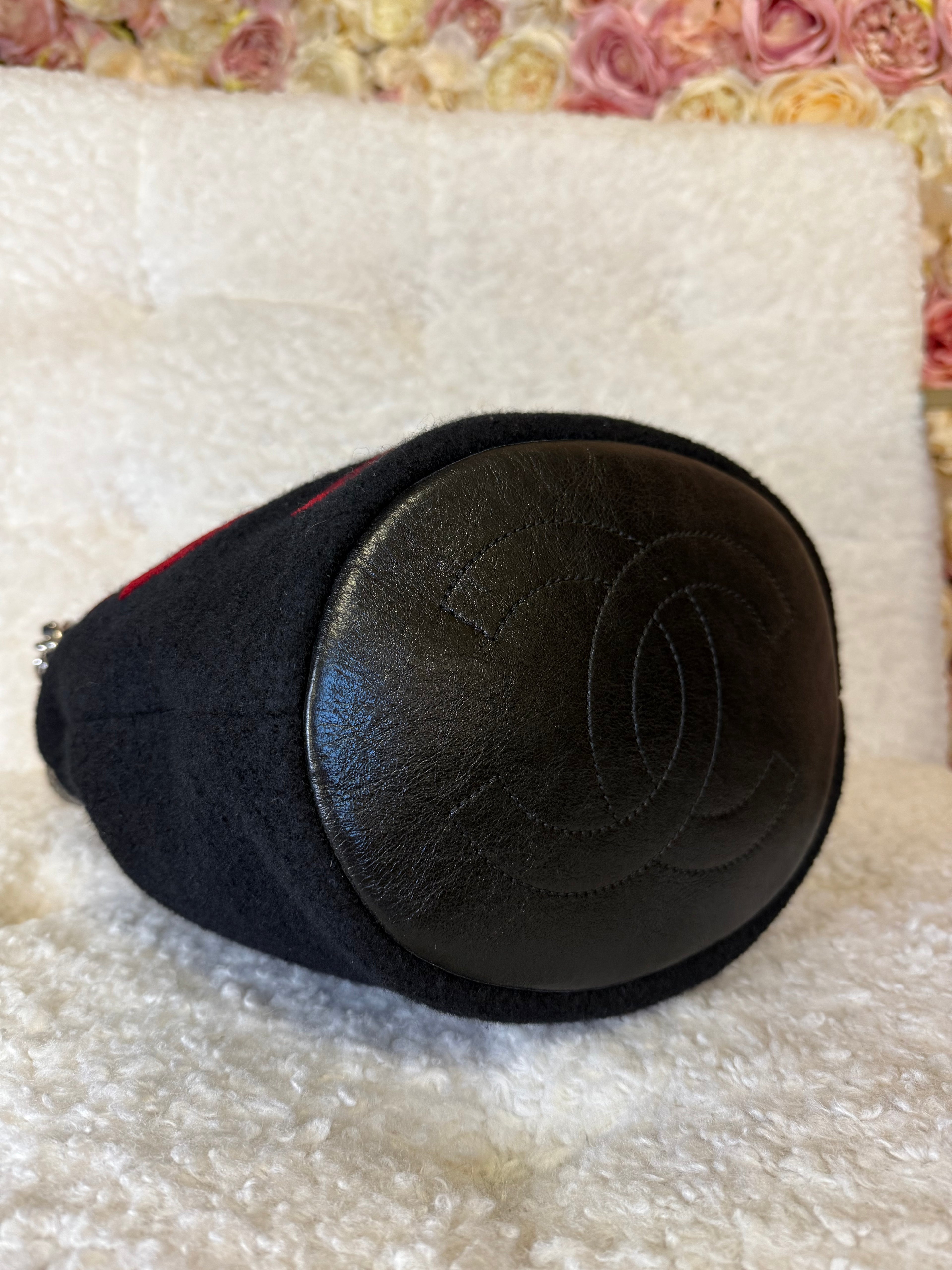 Chanel Embroidered Wool Bucket Bag with Calfskin Leather Black
