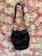 Chanel Embroidered Wool Bucket Bag with Calfskin Leather Black