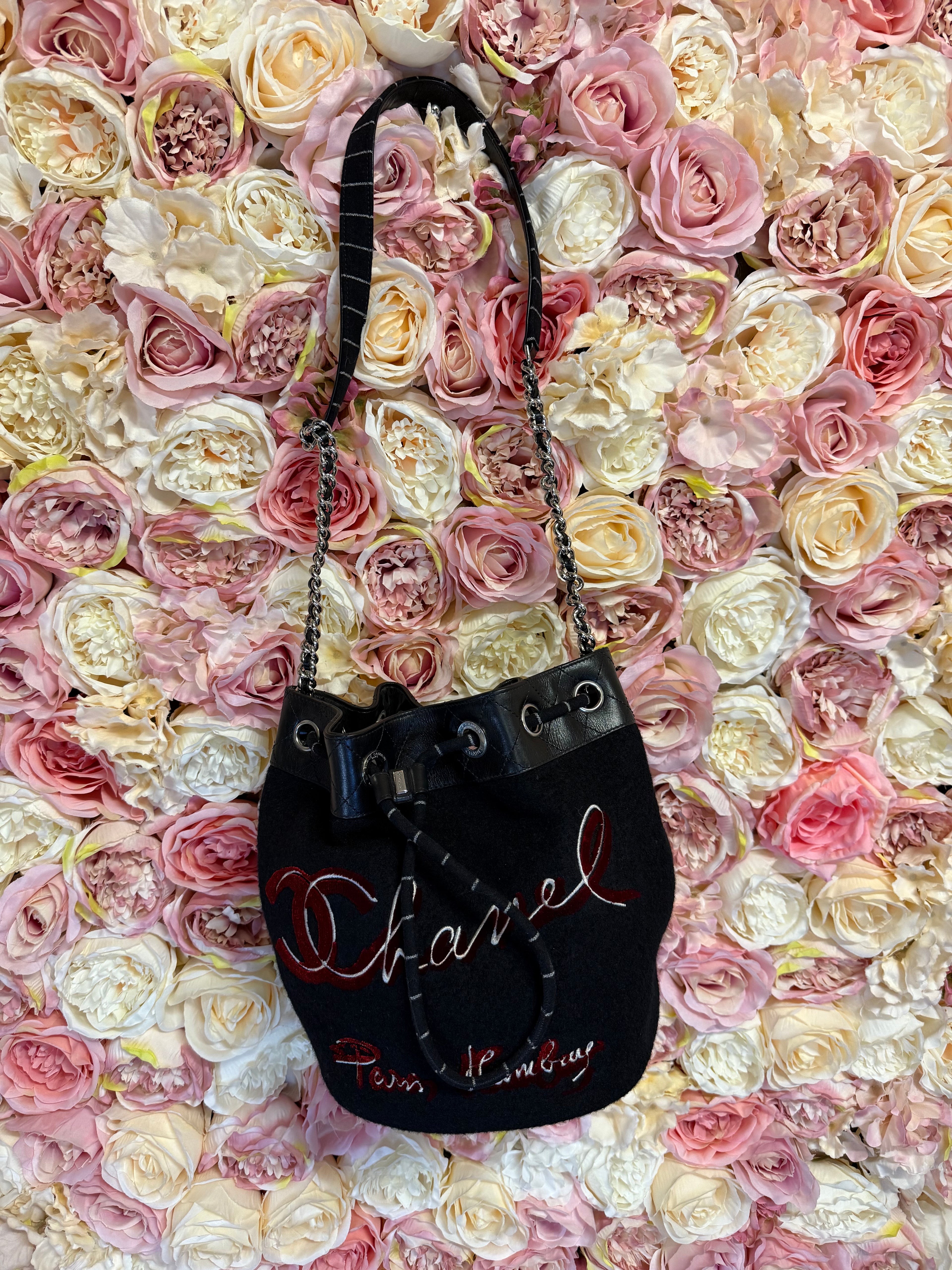 Chanel Embroidered Wool Bucket Bag with Calfskin Leather Black