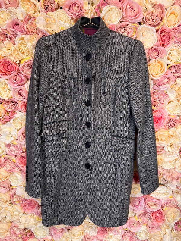 Scapa Herringbone Pattern Coat with Leather Collar Grey