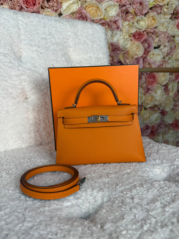 Hermès Mini Kelly ll Epsom Electrum Silver / Gold Hardware Orange