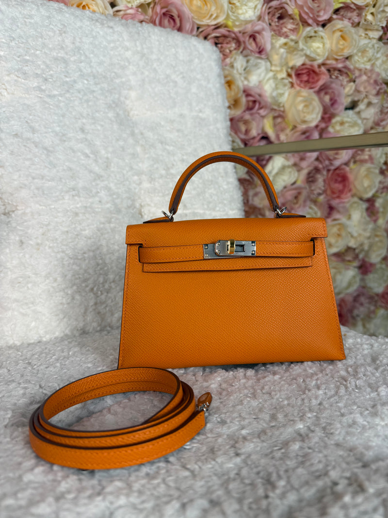 Hermès Mini Kelly ll Epsom Electrum Silver / Gold Hardware Orange