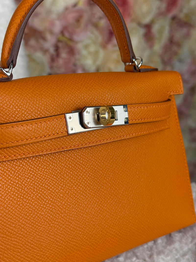Hermès Mini Kelly ll Epsom Electrum Silver / Gold Hardware Orange