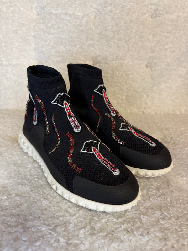 Valentino Black Hi-top Lipstick Crystal Embroidered Beaded Sneakers
