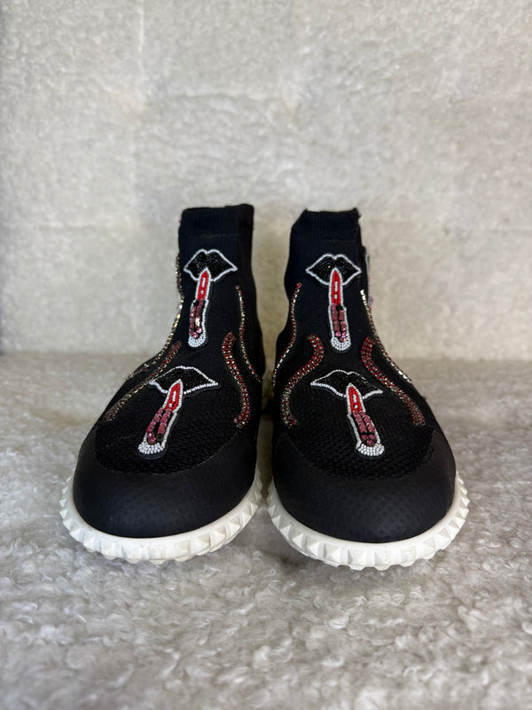 Valentino Black Hi-top Lipstick Crystal Embroidered Beaded Sneakers