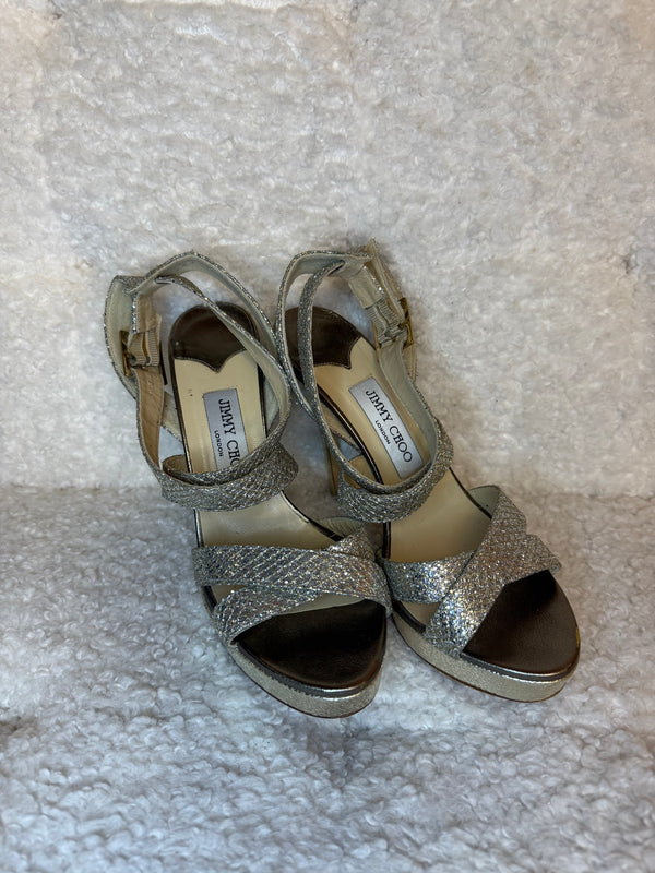 Jimmy Choo Glitter Sandal Heels Silver Sz. 38.5 EU
