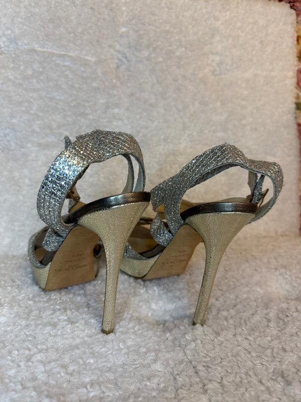 Jimmy Choo Glitter Sandal Heels Silver Sz. 38.5 EU