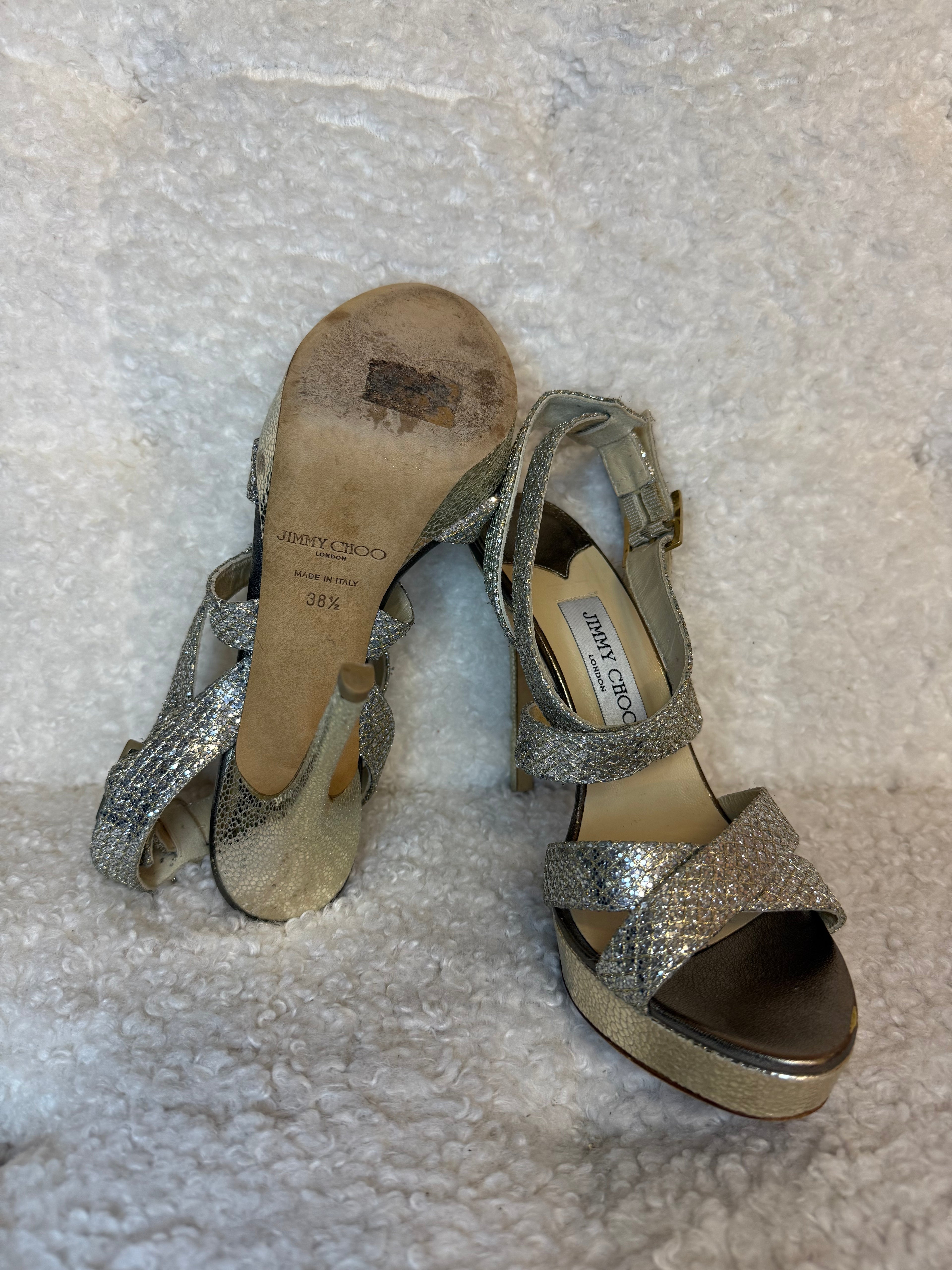 Jimmy Choo Glitter Sandal Heels Silver Sz. 38.5 EU