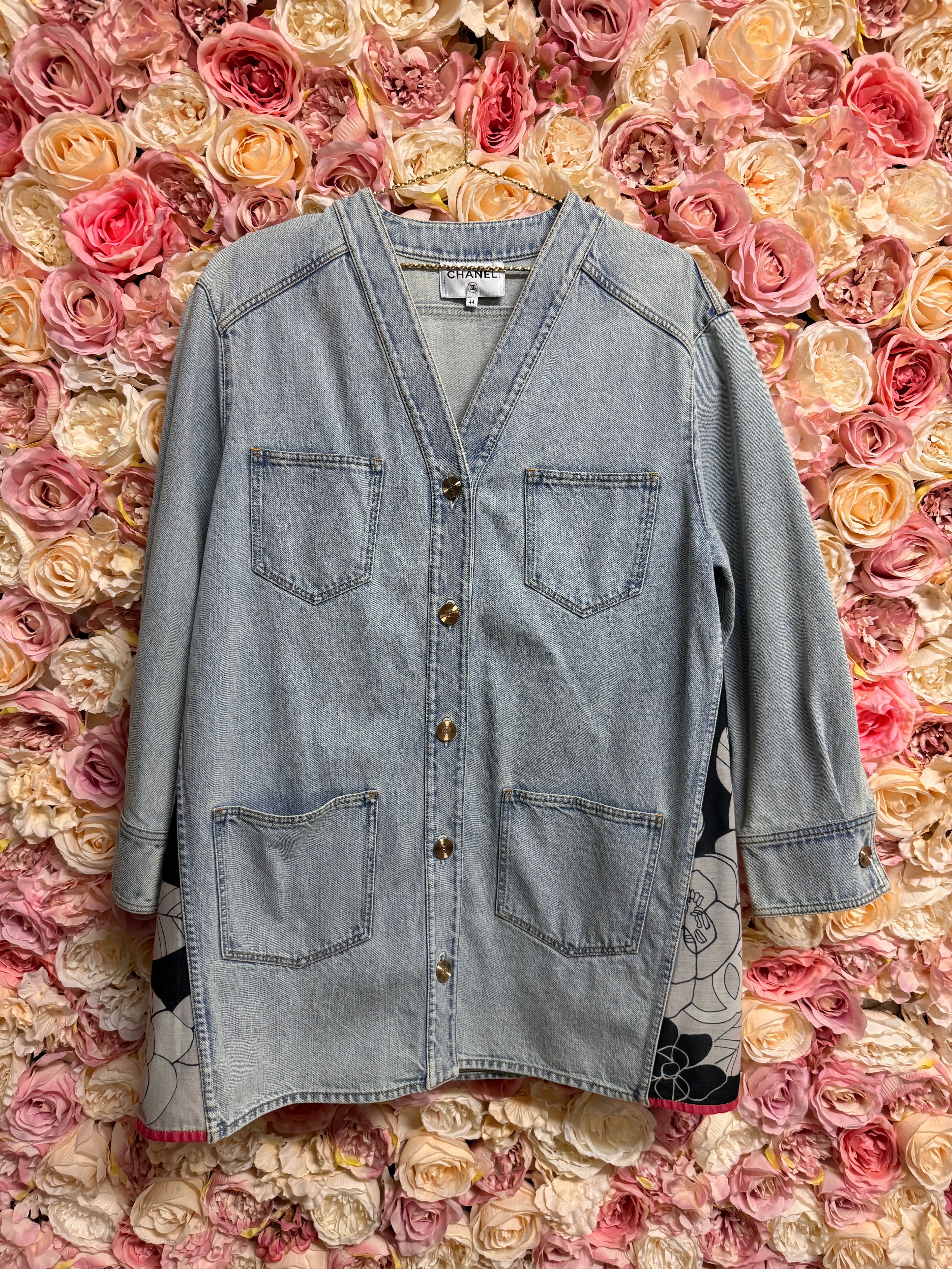Chanel Long Jeans Jacket Cruise 20/21 with Flower Inserts