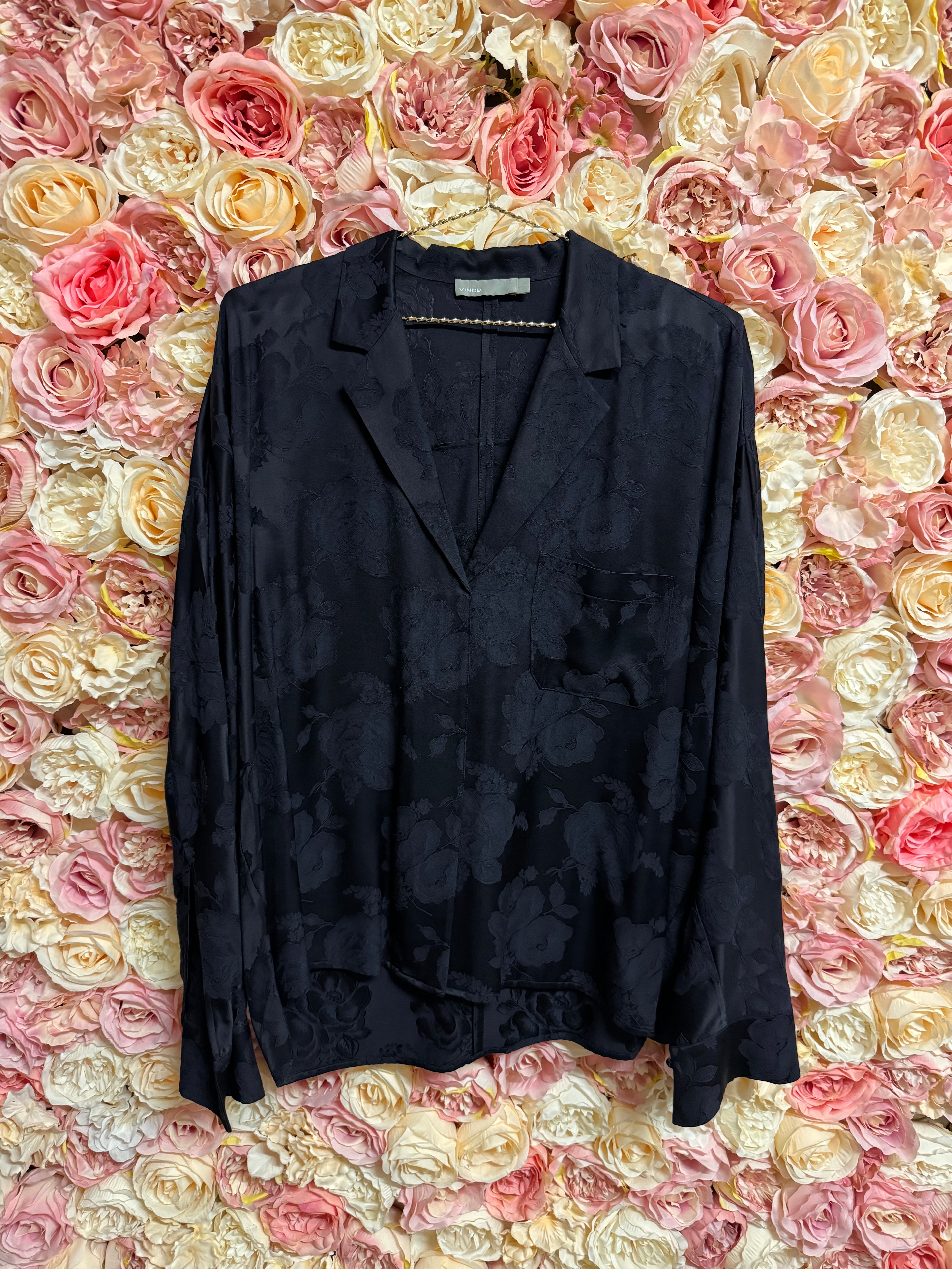 Vince Blouse with Embroidered Roses Dark Blue