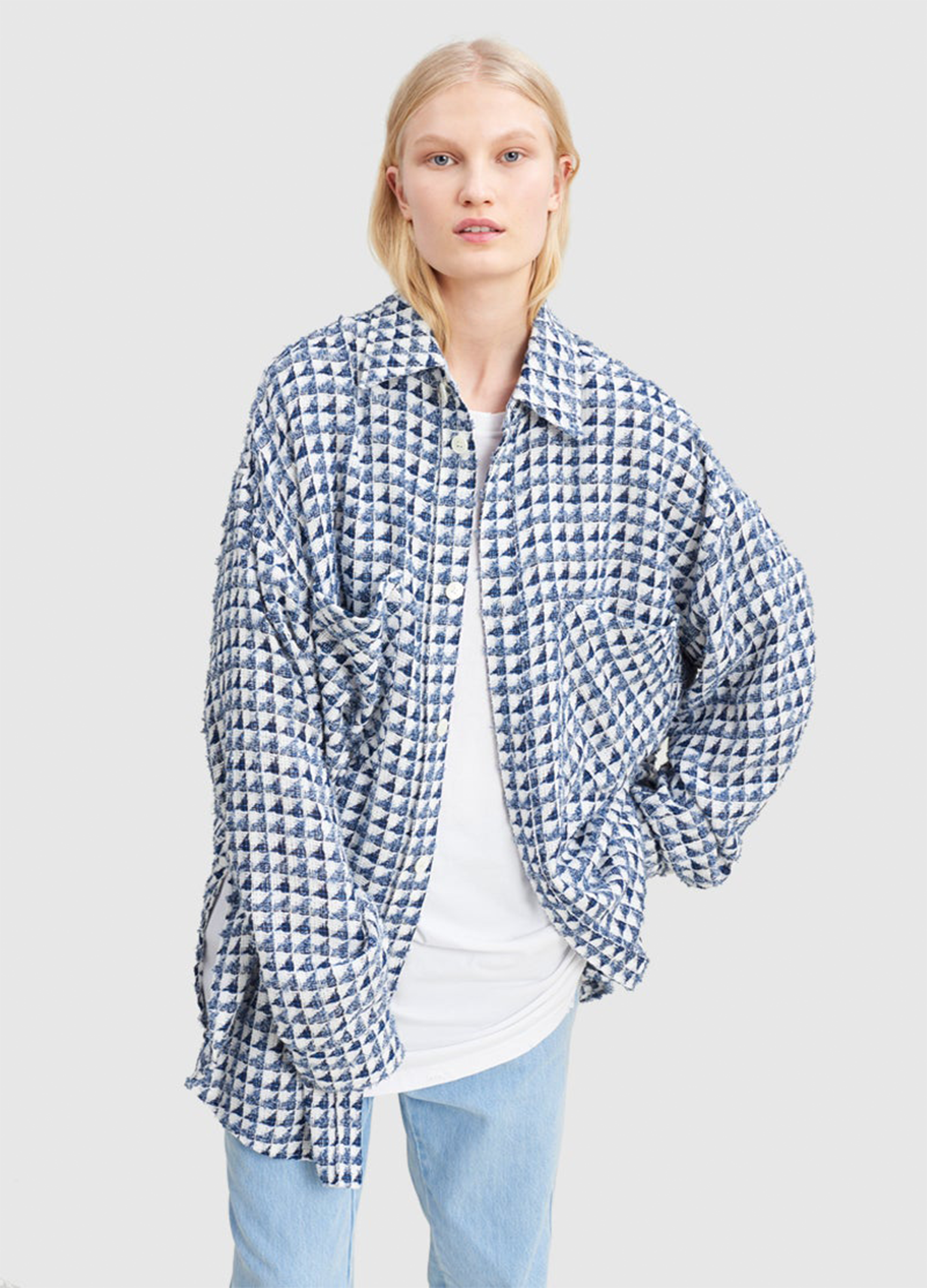 Faith Connexion Oversized Tweed Shirt Jacket Blue White