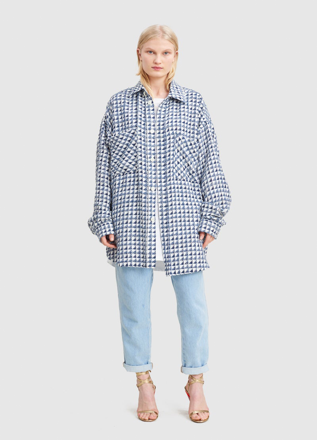 Faith Connexion Oversized Tweed Shirt Jacket Blue White