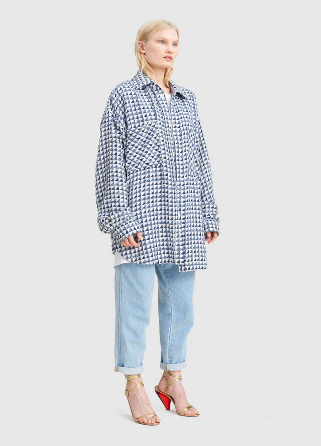 Faith Connexion Oversized Tweed Shirt Jacket Blue White