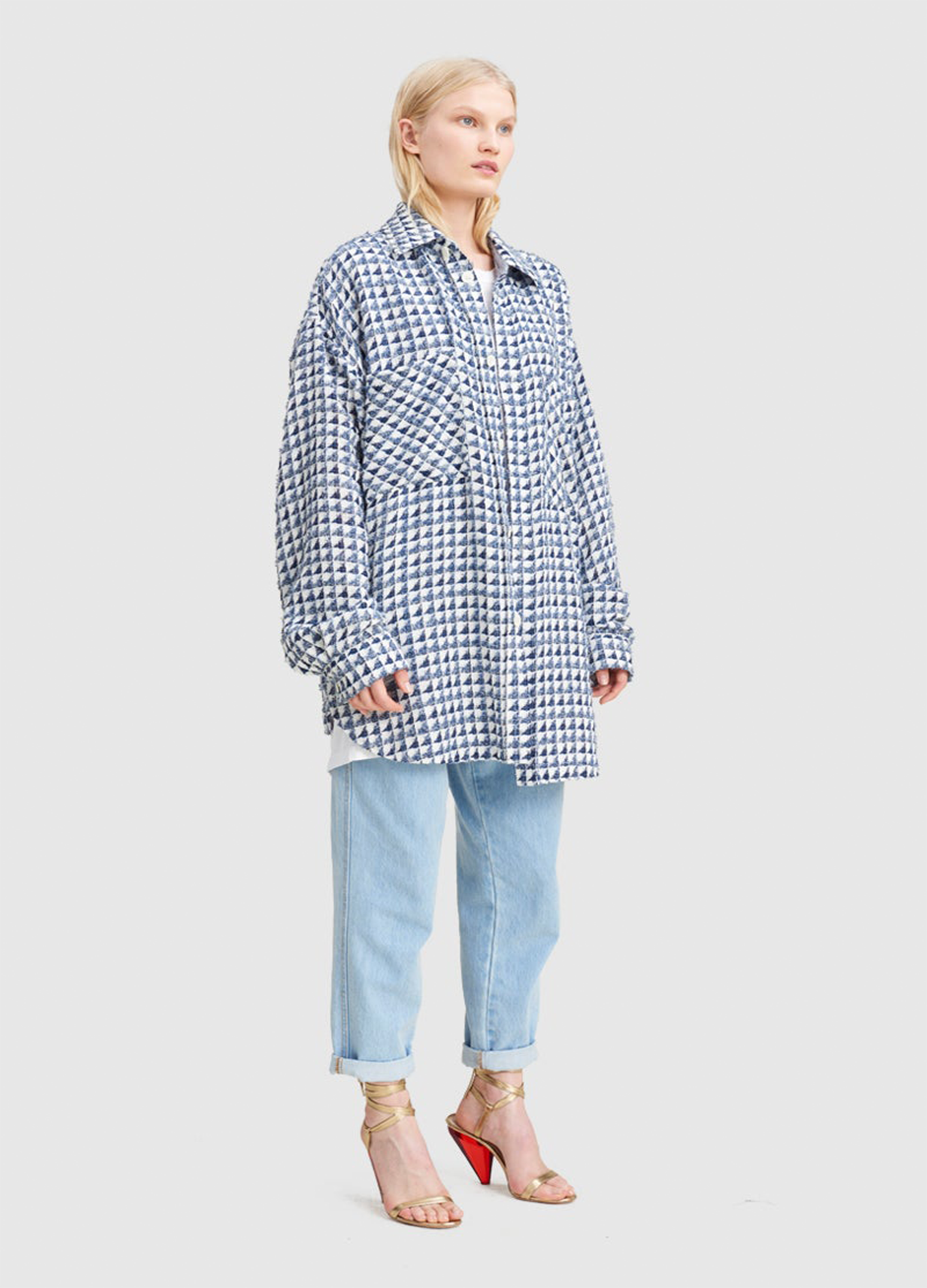 Faith Connexion Oversized Tweed Shirt Jacket Blue White