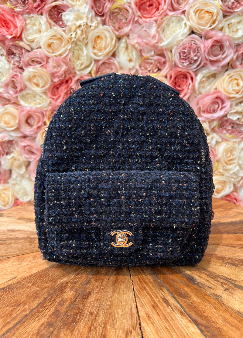 Chanel Tweed Front Pocket Backpack Navy