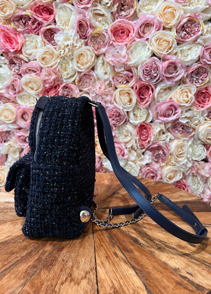 Chanel Tweed Front Pocket Backpack Navy